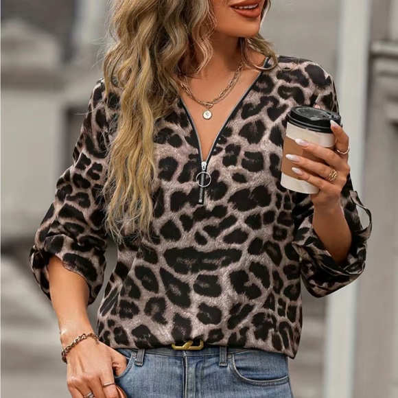 Tops - Leopard print half zip long sleeve blouse top